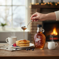 Doodle's Sugarbush, LLC - 100% Pure Michigan Maple Syrup in a collectible Santa glass bottle poured over pancakes