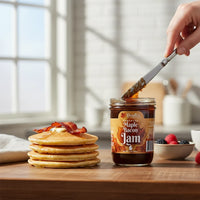 Doodle's Sugarbush, LLC Maple Bacon Jam jar with a knife spreading jam next to a stack of pancakes with bacon