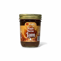 Doodle's Sugarbush, LLC Maple Bacon Jam in a glass jar with a gold lid, featuring a sweet and smoky savory spread.