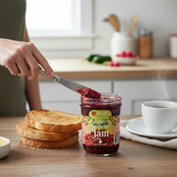 Doodle's Sugarbush, LLC Raspberry Jalapeño Jam being spread on toast in a bright, cozy kitchen setting.