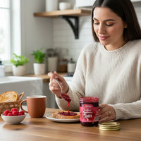 Woman spreading Doodle's Sugarbush, LLC - 100% Pure Michigan Maple Syrup seedless raspberry jam on toast in a kitchen
