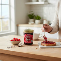 Doodle's Sugarbush, LLC Seedless Raspberry Jam being spread on toast in a bright, cozy kitchen setting.
